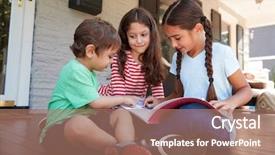  Presentation with children books - Amazing presentation design having 3 steps - group of children sit backdrop and a  colored foreground