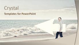  Presentation with blank - Amazing PPT theme having stout woman of middle age with blank white arrow banner backdrop and a sky blue colored foreground