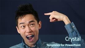  Presentation with funny - Audience pleasing slide deck consisting of strabismus - funny young asian man pointing backdrop and a ocean colored foreground
