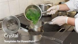  Presentation with spinach - Slide set enhanced with strained food - chef is blanching fresh spinach background and a gray colored foreground