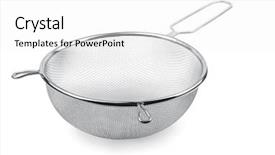  Presentation with metal production - Presentation with strained food - metal kitchen sieve isolated background and a white colored foreground