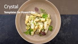  Presentation with white plate - Presentation design with strained food - modern style traditional german potato background and a coral colored foreground