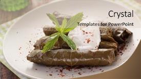  Presentation with kashmir chinar leaves - Amazing presentation design having strained food - sarma with mint leaves yogurt backdrop and a lemonade colored foreground