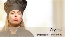  Presentation with overworked - Audience pleasing theme consisting of strained food - young cook woman with sleepy backdrop and a  colored foreground