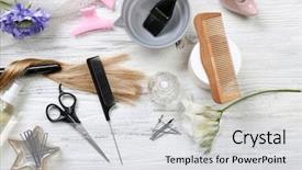  Presentation with barber - Theme having strand of hair with flowers background and a light gray colored foreground