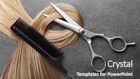  Presentation with hair - Theme featuring strands - hairdresser's scissors with comb background and a dark gray colored foreground