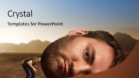  Presentation with man head in hands - PPT theme consisting of strange - man with enormous head background and a light blue colored foreground