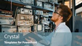  Presentation with test engineer - PPT layouts featuring strange engineer with book test in laboratory background and a seafoam green colored foreground