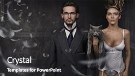  Presentation with young grey maine coon cat - Cool new slides with strange people - attractive young couple and british backdrop and a dark gray colored foreground