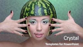  Presentation with water woman swimming underwater - Amazing PPT layouts having strange people - woman with water-melon as helmet backdrop and a coral colored foreground