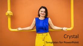  Presentation with outdoor clothes for outdoor activity - Audience pleasing presentation design consisting of strangers - portrait of a mature woman backdrop and a gold colored foreground