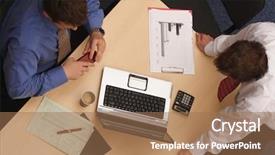  Presentation with strategic - Presentation having strategic meeting - two businessmen in a discussion background and a coral colored foreground