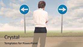  Presentation with direction - PPT theme featuring strategic road - pensive businessman choosing the right background and a coral colored foreground