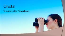  Presentation with space - Colorful presentation theme enhanced with strategist - brunette businesswoman looking through binoculars backdrop and a light gray colored foreground