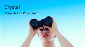  Presentation with sky blue - PPT theme having strategist - businesswoman looking through binoculars background and a light gray colored foreground