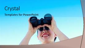  Presentation with blue sky - Cool new PPT theme with strategist - smiling businesswoman looking through binoculars backdrop and a light gray colored foreground