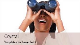  Presentation with seeing through fog - Amazing PPT theme having strategist - surprised businesswoman looking through binoculars backdrop and a coral colored foreground