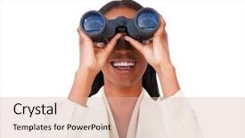  Presentation with visionary - PPT theme enhanced with strategist - visionary businesswoman looking through binoculars background and a lemonade colored foreground