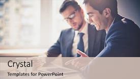  Presentation with meeting - Beautiful slide set featuring strategy - image of two young businessmen backdrop and a lemonade colored foreground