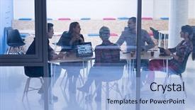  Presentation with team meeting - Slide deck featuring strategy - startup business team on meeting background and a light blue colored foreground