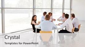  Presentation with team meeting - Beautiful theme featuring strategy - young business professionals in team backdrop and a white colored foreground