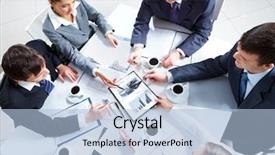  Presentation with team meeting - Cool new presentation design with strategy diagram - above view of business team backdrop and a light blue colored foreground