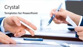  Presentation with business partner people joining hand - Presentation theme enhanced with strategy human resources - business people s hands background and a white colored foreground