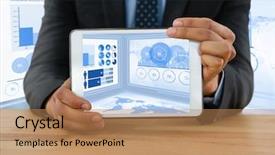  Presentation with digital statistics - Slides consisting of stratygc planning - digital composite of businessman background and a  colored foreground