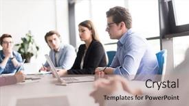  Presentation with animated business people - Slide set enhanced with stratygc planning - group of business people discussing background and a  colored foreground