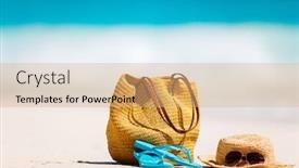  Presentation with beach bag - PPT theme having straw bag sun glasses towel and flip flops on a tropical beach background and a coral colored foreground