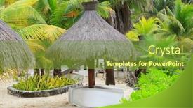  Presentation with resort - Audience pleasing presentation design consisting of straw-beach-umbrellas-and-palm backdrop and a tawny brown colored foreground