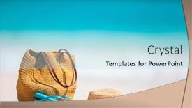  Presentation with beach bag - Beautiful PPT theme featuring straw hat bag sun glasses and flip flops on a tropical beach backdrop and a light blue colored foreground
