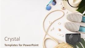  Presentation with top hat - Presentation consisting of straw hat camera bag summer shoes sunglasses shells and tropical leaves over white background top view background and a sky blue colored foreground