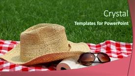  Presentation with sunglass - Audience pleasing theme consisting of straw hat sunglass novel on meadow backdrop and a tawny brown colored foreground