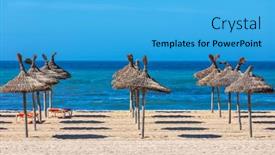  Presentation with sunny sky - Beautiful theme featuring straw-umbrellas-on-the-beach backdrop and a teal colored foreground