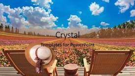  Presentation with rural tourism concept - Cool new slide set with straw women's hat on a back a sun lounger wooden chaise lounges in the meadow with flowers concept of ecological tourism rural rest backdrop and a red colored foreground