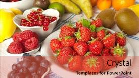  Presentation with fruit - Presentation theme with strawberries bananas - closeup of plenty of summer background and a red colored foreground