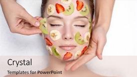  Presentation with face mask - Colorful PPT theme enhanced with strawberries bananas - cosmetician doing fruit mask backdrop and a coral colored foreground