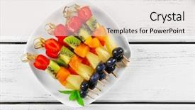  Presentation with fruits - Colorful presentation design enhanced with strawberries bananas - fresh fruits on skewers backdrop and a light gray colored foreground