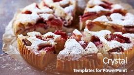  Presentation with gourmet sweet dessert bakery food - Presentation theme consisting of strawberry and rhubarb cake sweet background and a tawny brown colored foreground