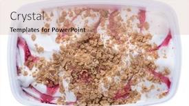  Presentation with strawberry ice cream - Presentation design featuring strawberry or cherry ice cream in a plastic box isolated on white background background and a coral colored foreground