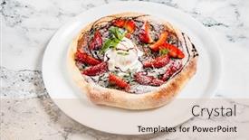  Presentation with ice cream strawberry - PPT theme having strawberry pizza with chocolate and ice cream background and a soft green colored foreground