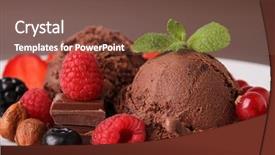  Presentation with ice cream strawberry - Audience pleasing slide deck consisting of strawberry raspberry sorbet - chocolate ice cream and red backdrop and a tawny brown colored foreground