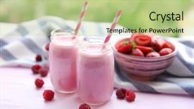  Presentation with wooden board empty table top - Beautiful slide deck featuring strawberry smoothie - berry milkshakes on wooden table backdrop and a mint green colored foreground