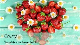  Presentation with chamomile - Colorful presentation enhanced with strawberry with chamomile in shape of heart on color wooden background backdrop and a mint green colored foreground