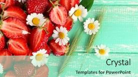  Presentation with chamomile - Cool new PPT theme with strawberry with chamomile leaves and ears on color wooden background backdrop and a mint green colored foreground