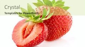  Presentation with strawberry - PPT layouts consisting of strawberry with slice in closeup on white background background and a yellow colored foreground