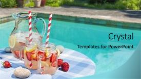  Presentation with pool side - Cool new PPT theme with straws on outdoor summer pool backdrop and a teal colored foreground