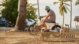  Presentation with motorbike - Presentation design with strays - tourist on vintage motorbike background and a coral colored foreground