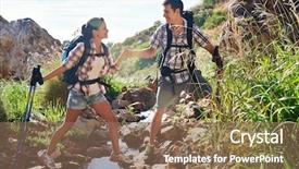  Presentation with cross and holding hands - Slides consisting of stream of their hiking trail background and a violet colored foreground